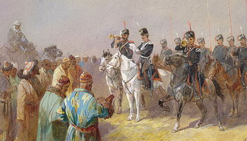 Painting of Russian soldiers confronting Kyrgyz Horde